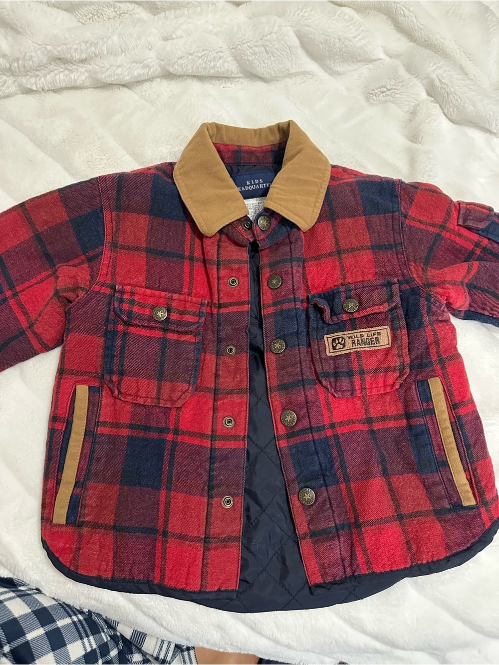 Kids Headquarters Red and Navy Plaid Jacket with Tan Collar
